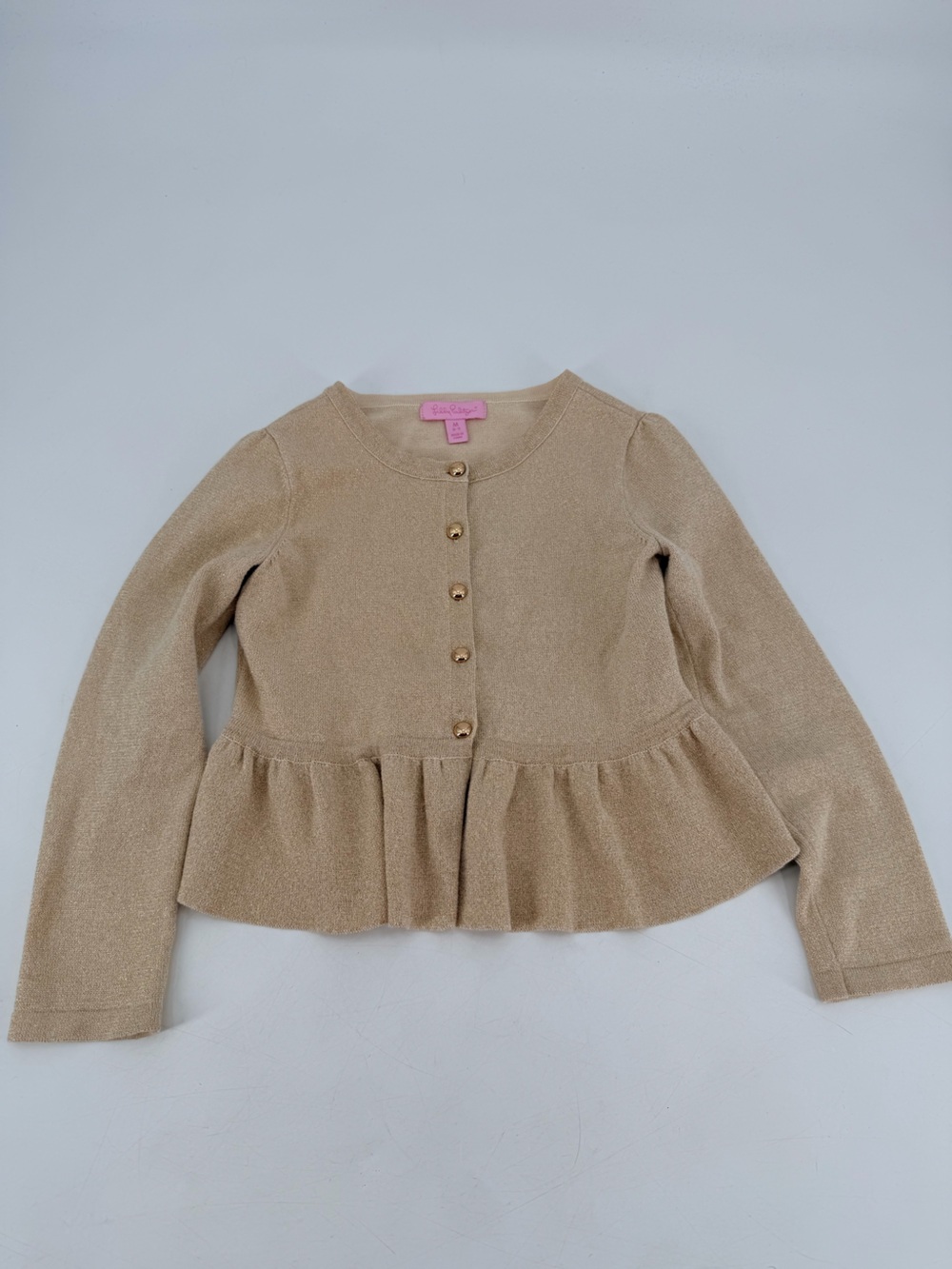 Lilly Pulitzer Kids Gold Glitter Ruffle Cardigan Sweater Medium 6 7 Holiday